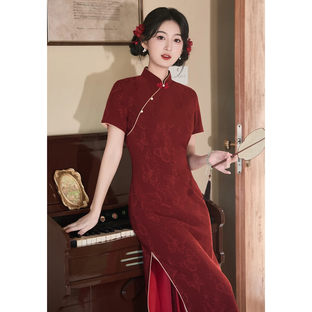 红色新中式短袖旗袍夏季新款修身气质订婚结婚敬酒服改良日常可穿