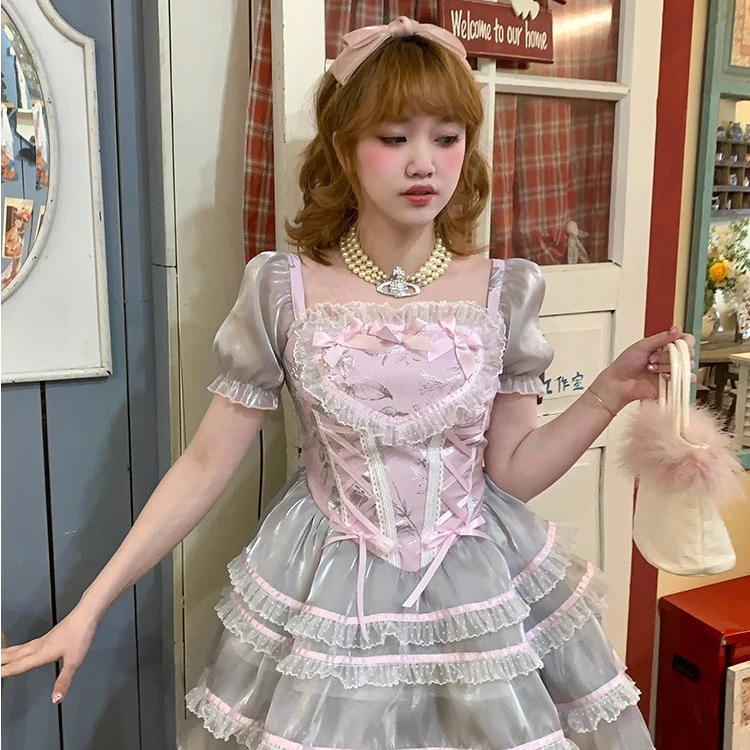 森女系原创 朵露 甜美灰粉闪闪洛丽塔连衣裙