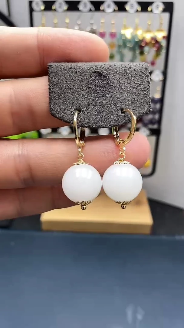 和田玉银S925镀金镶嵌耳饰尺寸14mm耳扣55