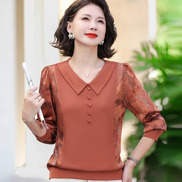 【丽姐家】大码中老年女装时尚妈妈装中老年冰丝纱袖上衣长袖