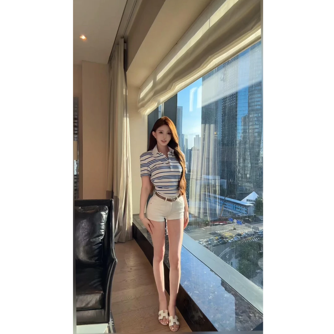 2025夏季美式学院风条纹POLO领绑带修身上衣美式辣妹低腰休闲短裤