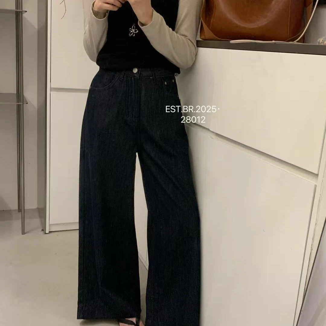 28012店主私服裤！BR韩标高腰牛仔阔腿裤