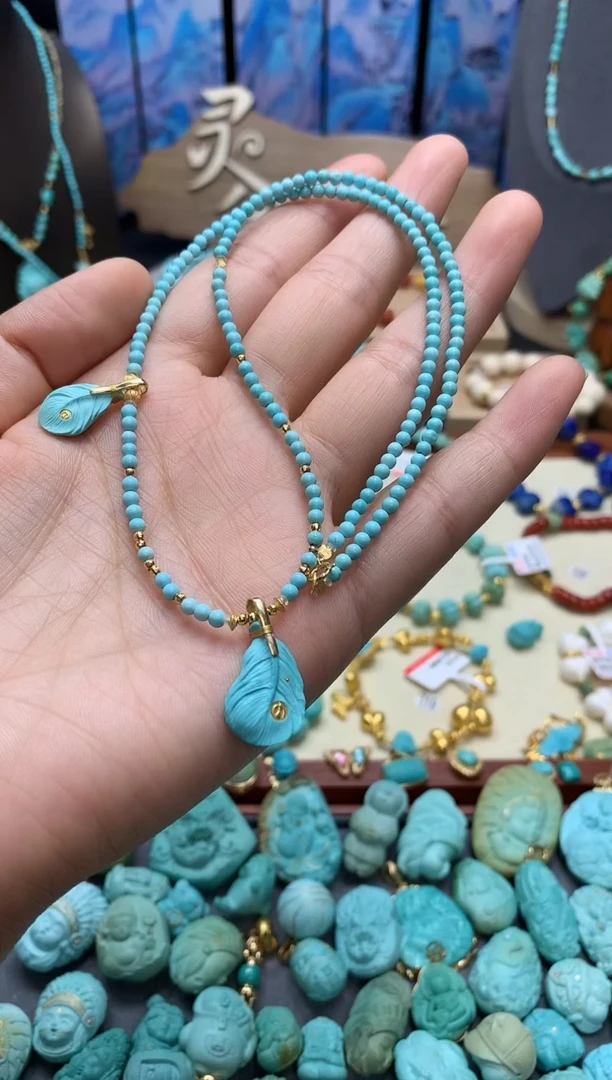 绿松石18K金镶嵌颈饰高瓷精工羽毛套装