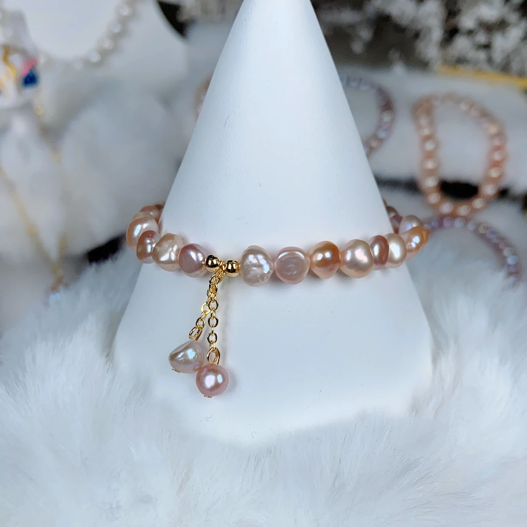 【紫烟】6-7MM天然淡水珍珠紫粉巴洛克手链不规则气质手串DSL00783