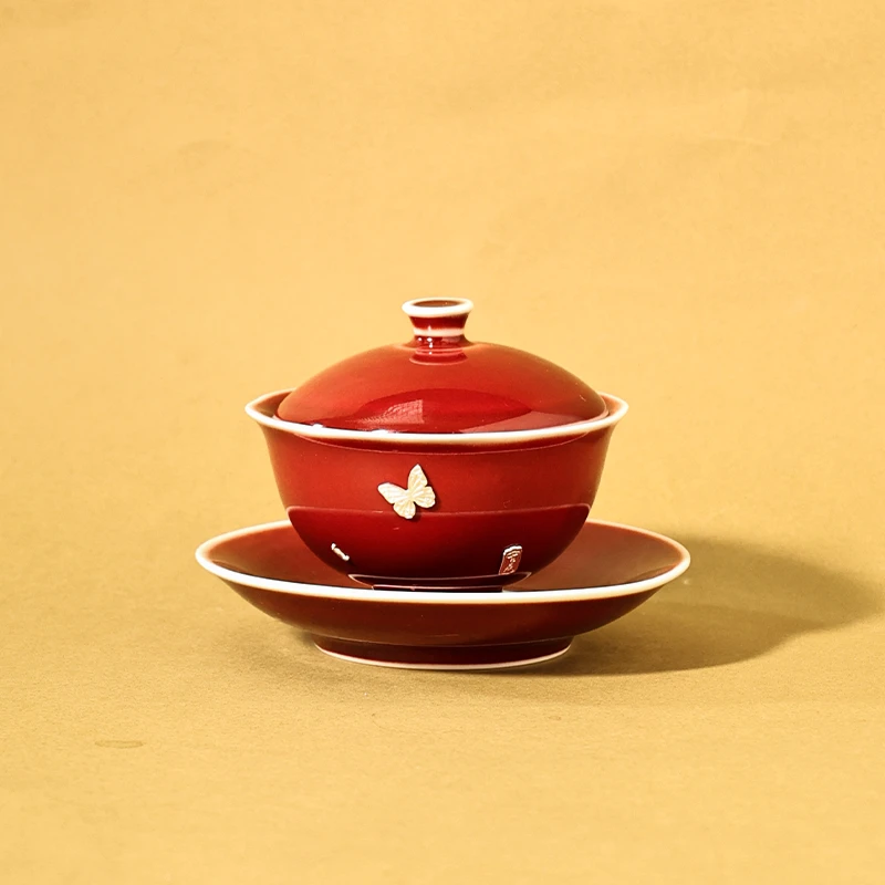 浣泥 朗红釉镶银蝴蝶陶瓷茶具系列