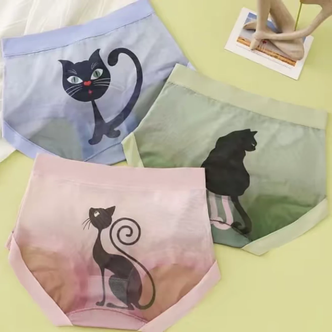 性感富贵猫咪印花女三角内裤内裤韩系休闲风（三条随机装亲人）内衣