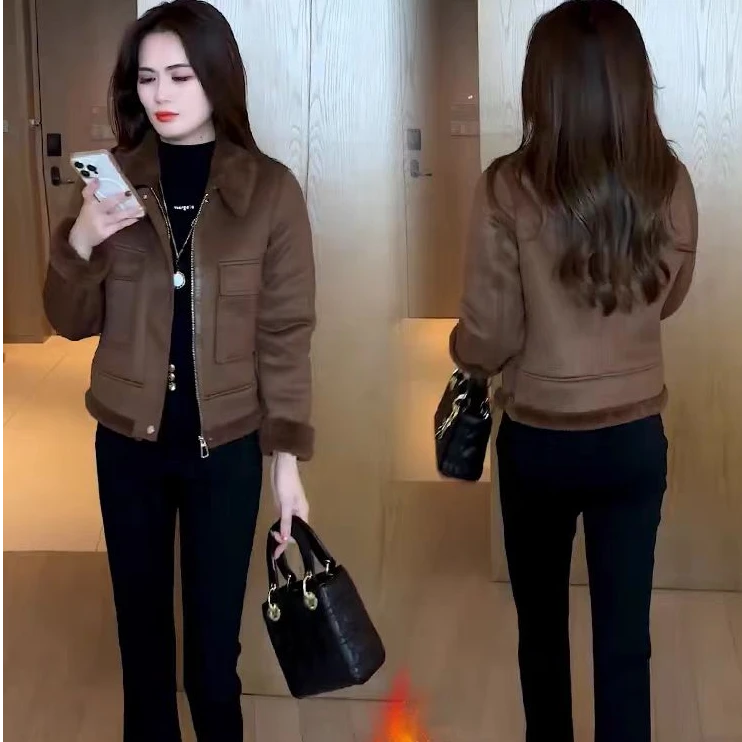 2465款加绒加厚短外套时尚洋气宽松显瘦百搭减龄皮毛一体短外套