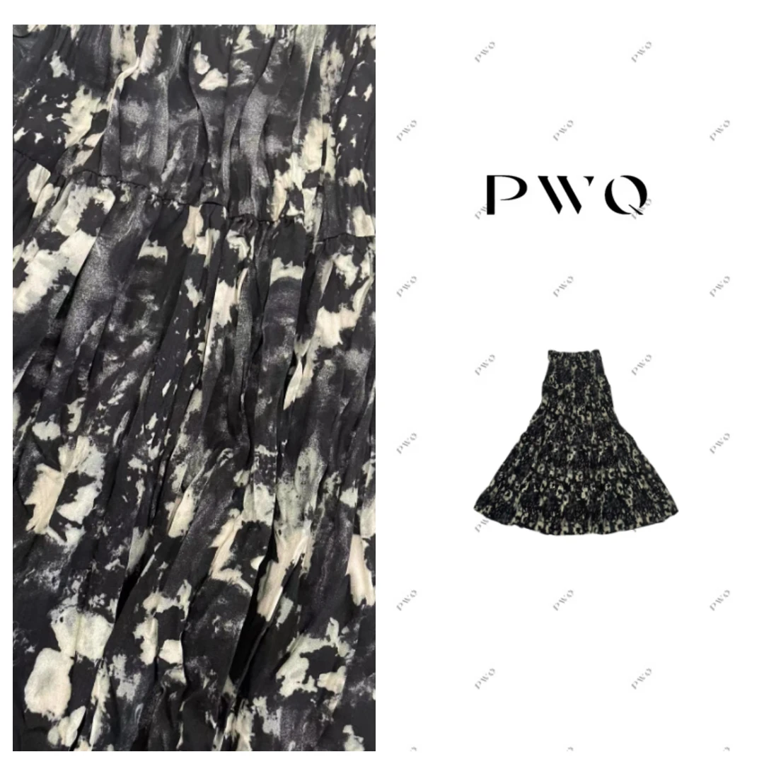 半身裙松紧腰山茶花黑白气质褶皱优雅DF-40606