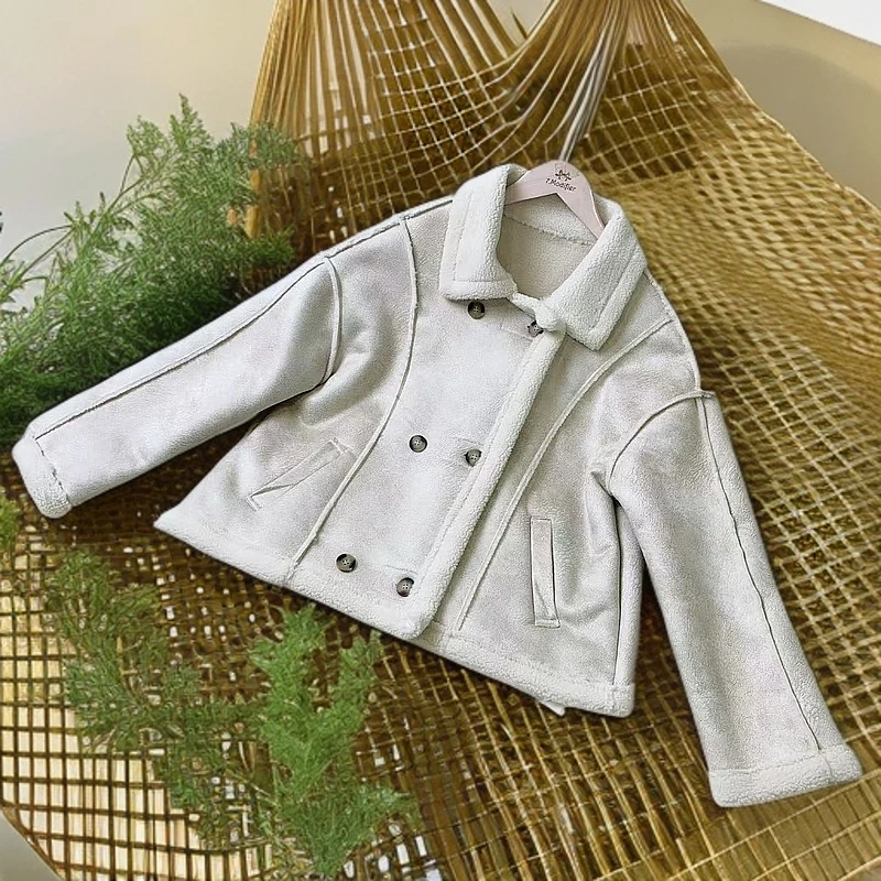 秋冬韩系翻领短款双排扣加厚皮毛一体外套 2024801