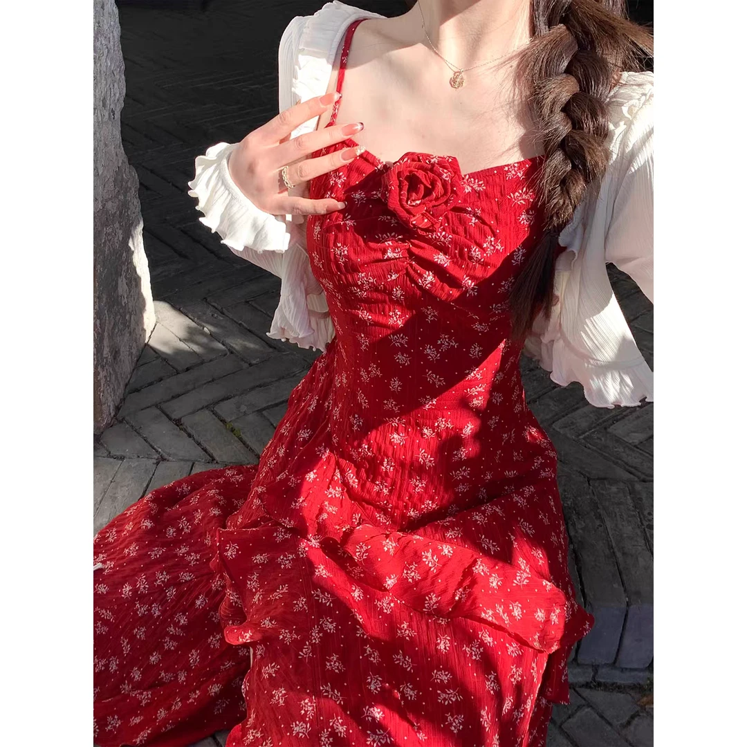 2025春夏不被定义的碎花裙/绝美红色度假风开叉显瘦气质吊带裙