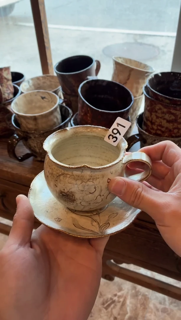 瓷片没****花391  窑变灰白手工咖啡杯+杯垫