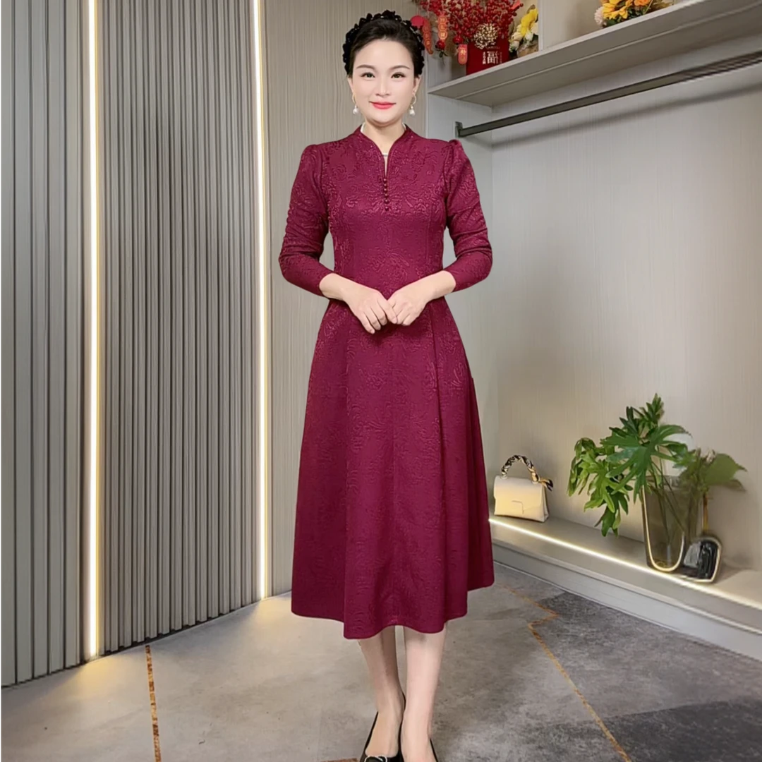 春季中长裙高弹力A字裙连衣裙长袖礼服裙时尚妈妈装宽松显瘦遮肚