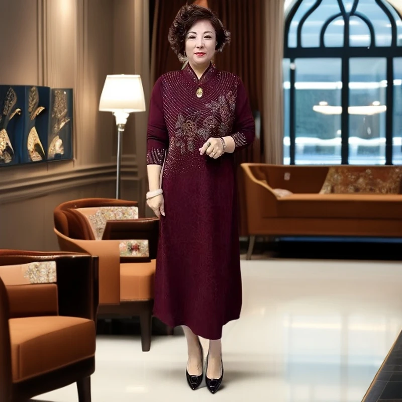 春秋长袖水滴领套头喜婆婆秋冬旗袍改良连衣裙针织长裙旗袍打底裙