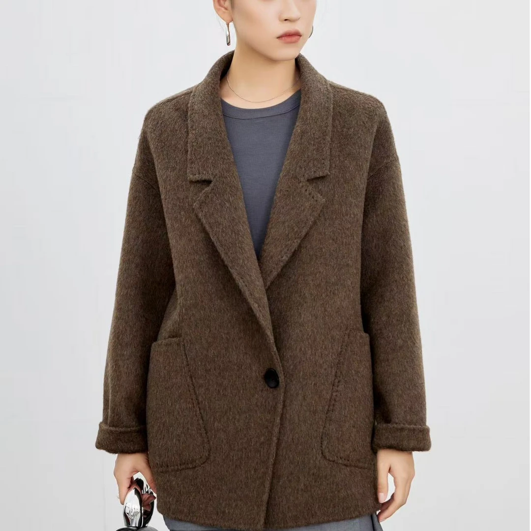 2025新款一粒扣骆驼绒双面毛呢大衣女韩版宽松西装领外套