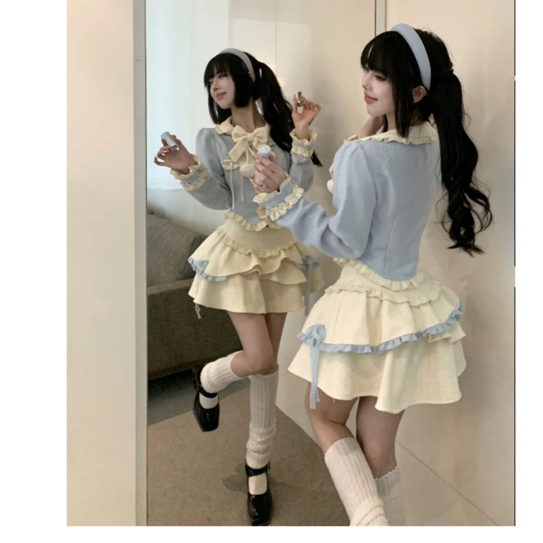 大码女装胖妹妹蓝色小香风上衣高腰半身裙冬装搭配一整套装裙1089