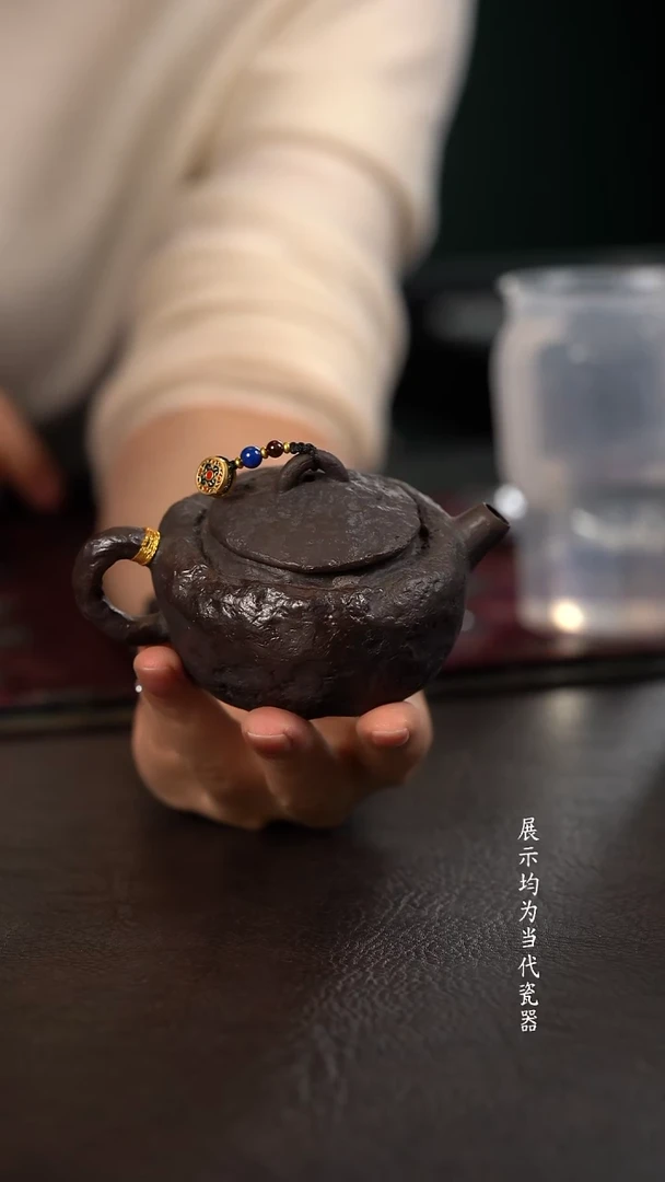 130c伟壶柴烧小泡壶 景泰蓝石来运转