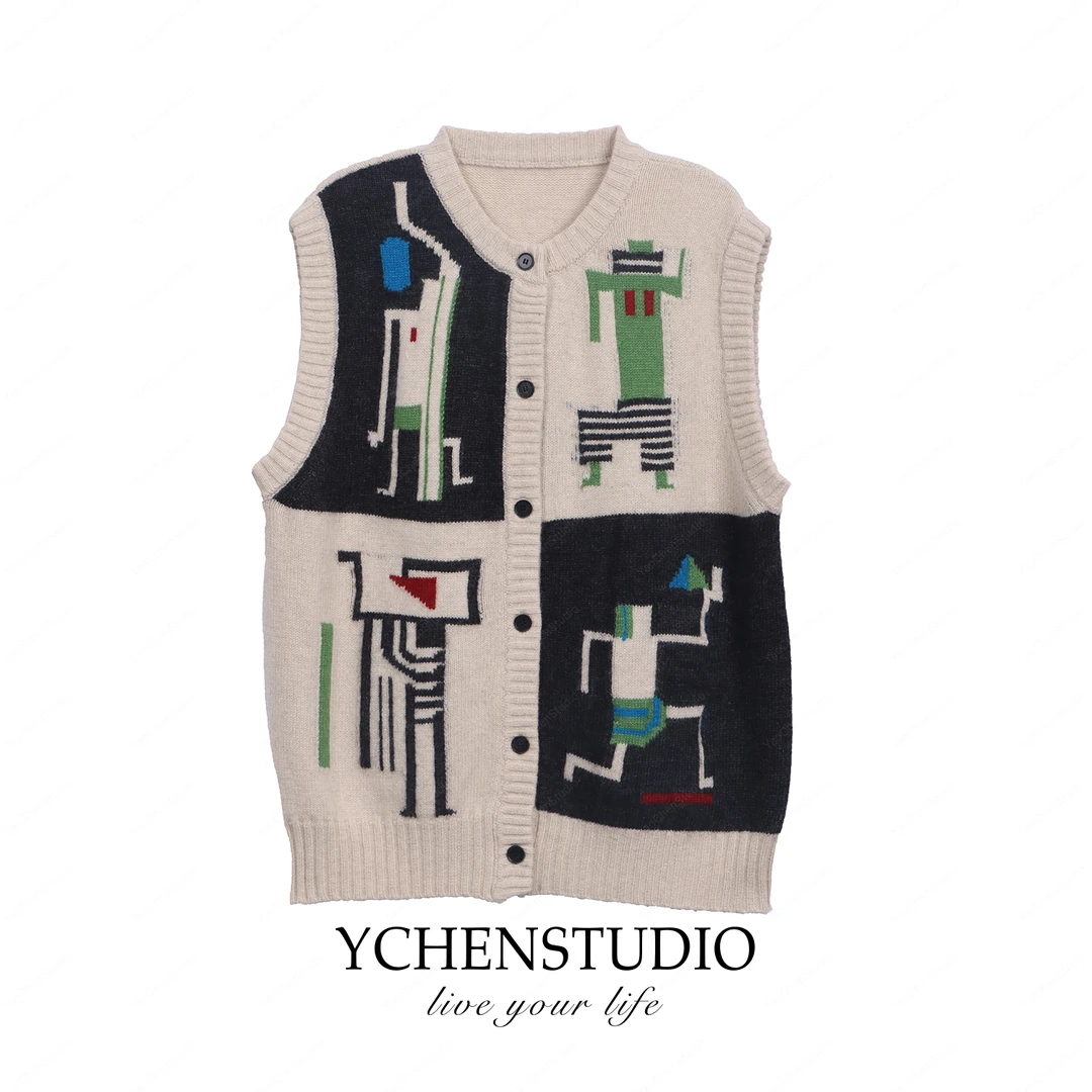 YC2【抽象画】秋冬单排扣显瘦慵懒拼色卡通几何图全羊毛坎肩毛衣