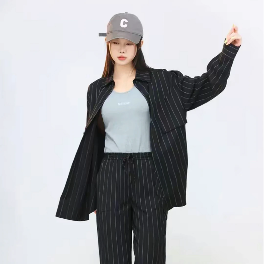 哥弟经典百搭时尚舒适松驰洒脱落肩款条纹衬衫130034