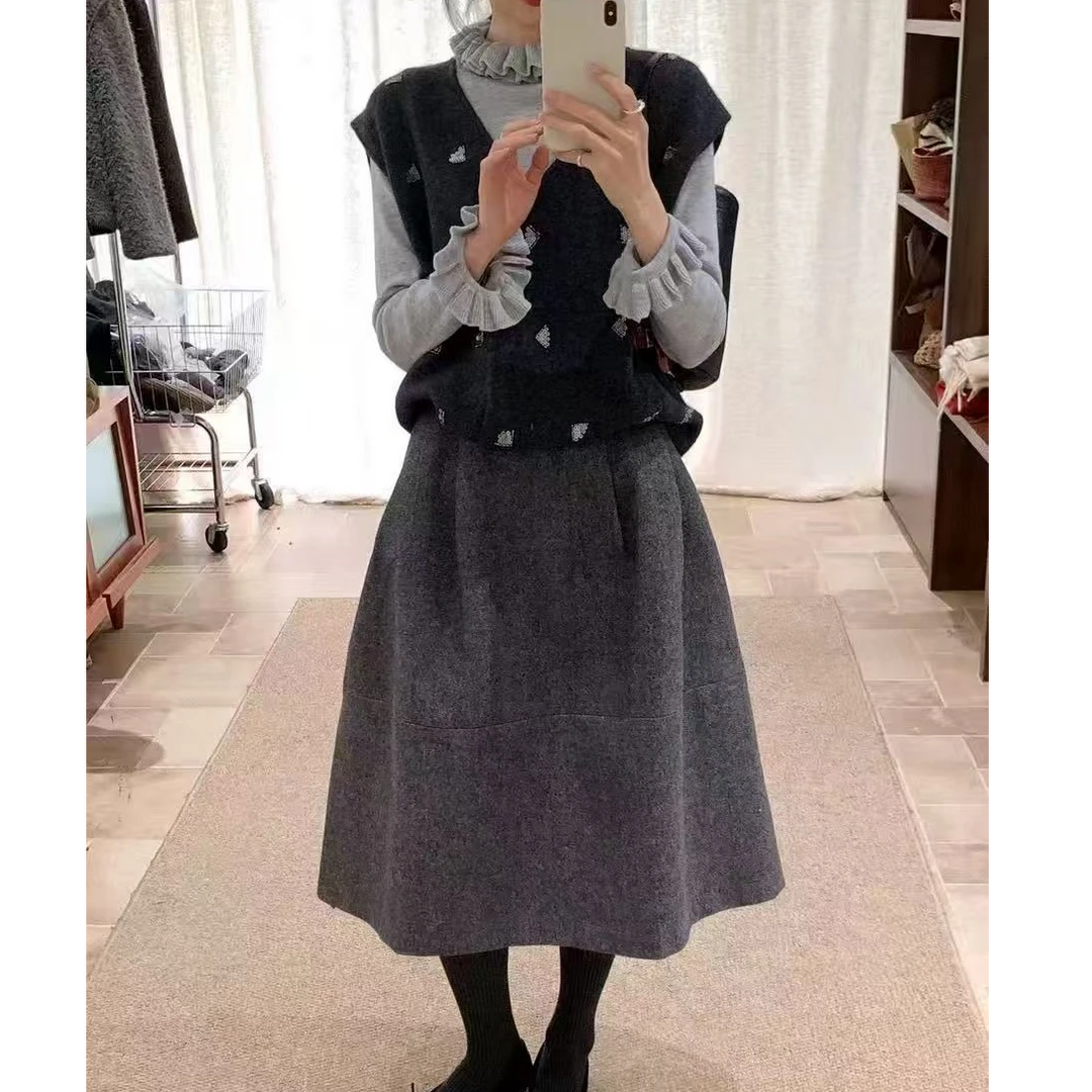 秋冬印花上衣毛呢长裙套装