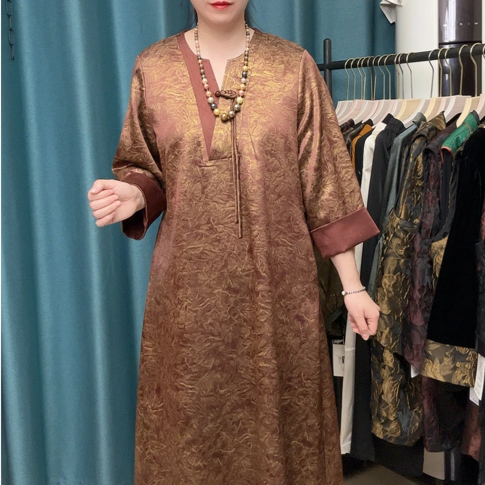 高端时尚V领中长款连衣裙印花提花中老年