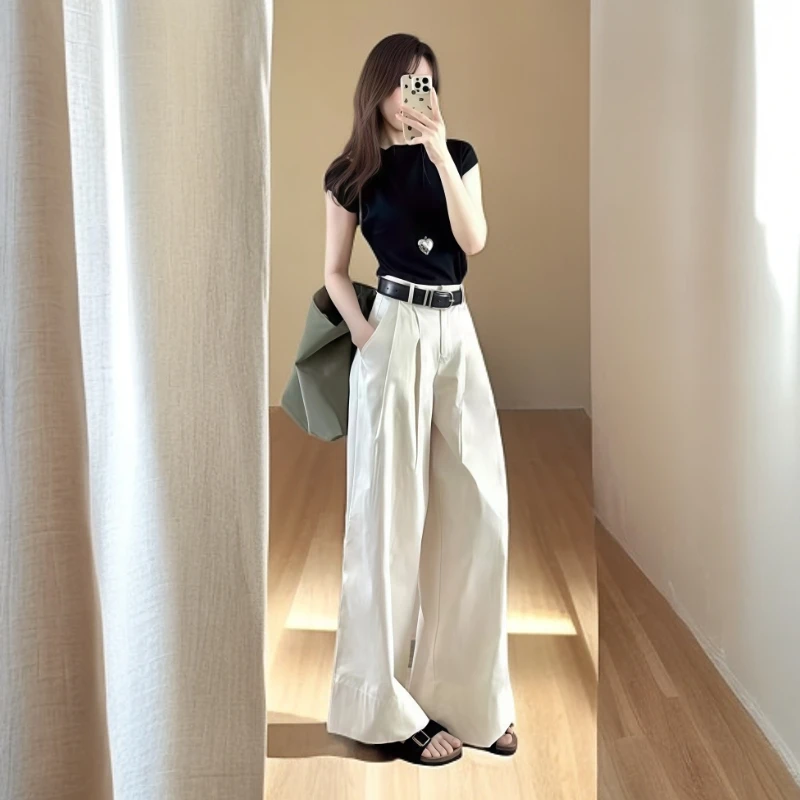 套装女2025夏季新款慵懒风韩系减龄圆领短袖上衣高腰阔腿裤两件套