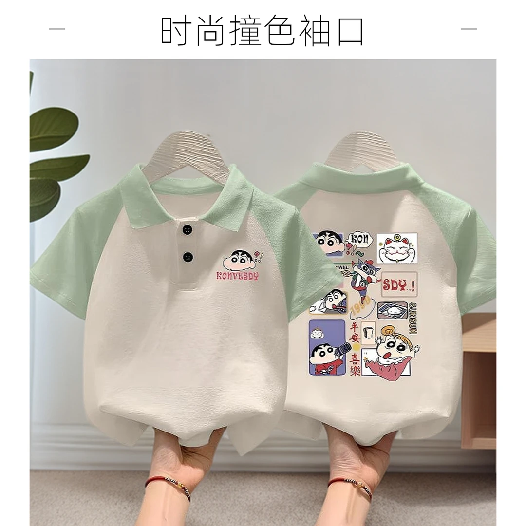 100%纯棉男童女童拼接POLO衫日系蜡笔小新印花休闲短袖T恤透气潮