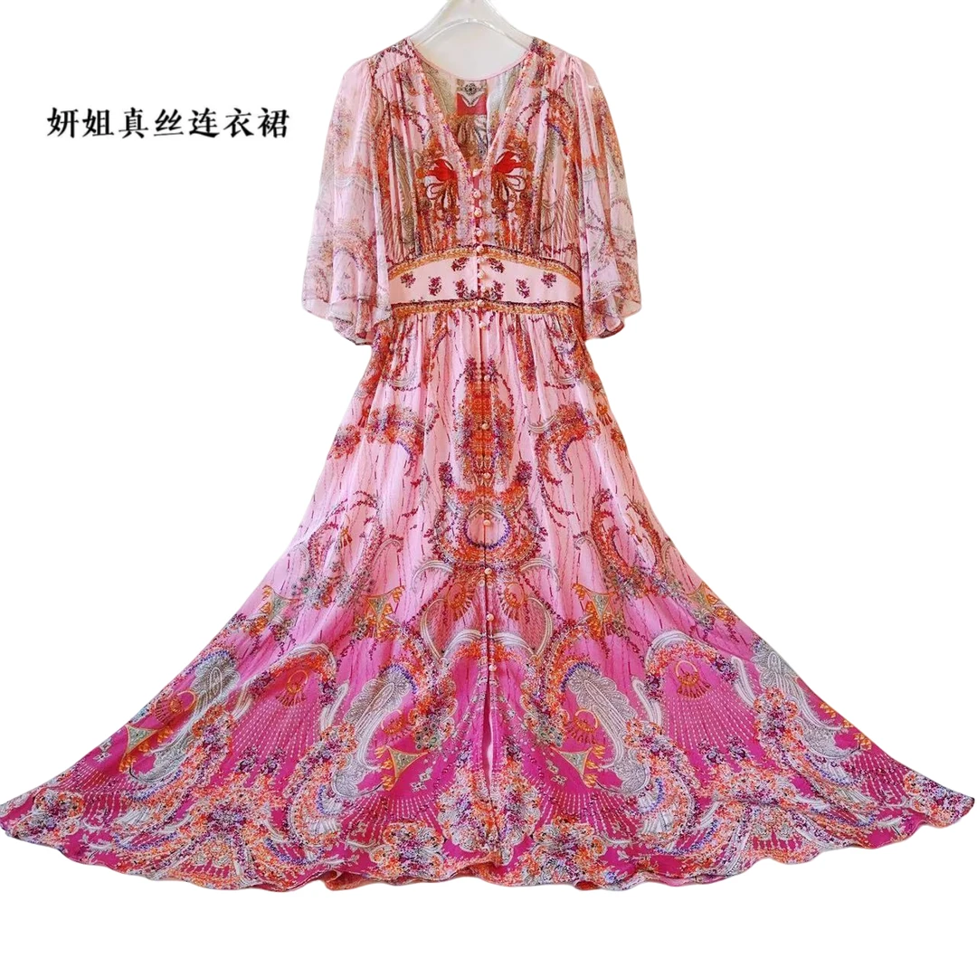 设计师2025春夏新款轻奢重磅V领气质仙女真丝连衣裙 粉色 24045