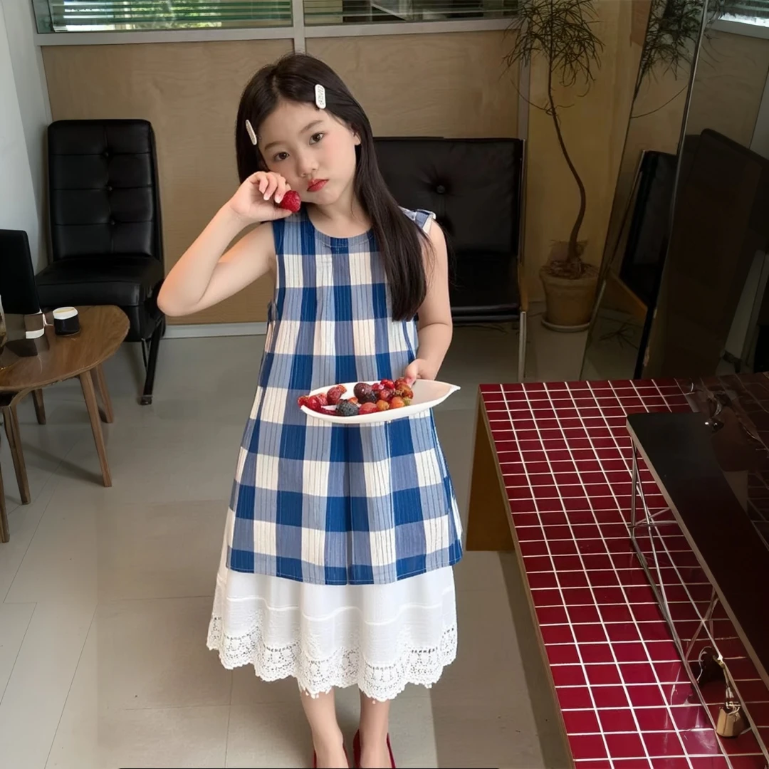 女童夏装套装格子上衣2025新款夏季6-12岁潮款高级感半身裙两件套