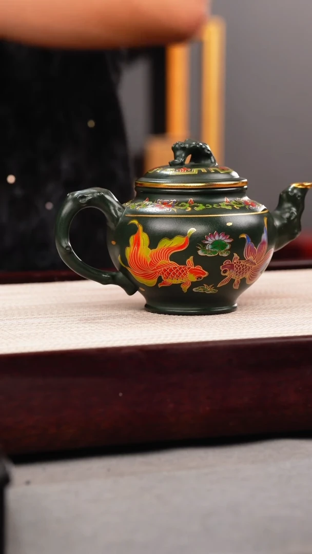 茶杯紫砂绿泥 报春 锦鲤珐琅彩