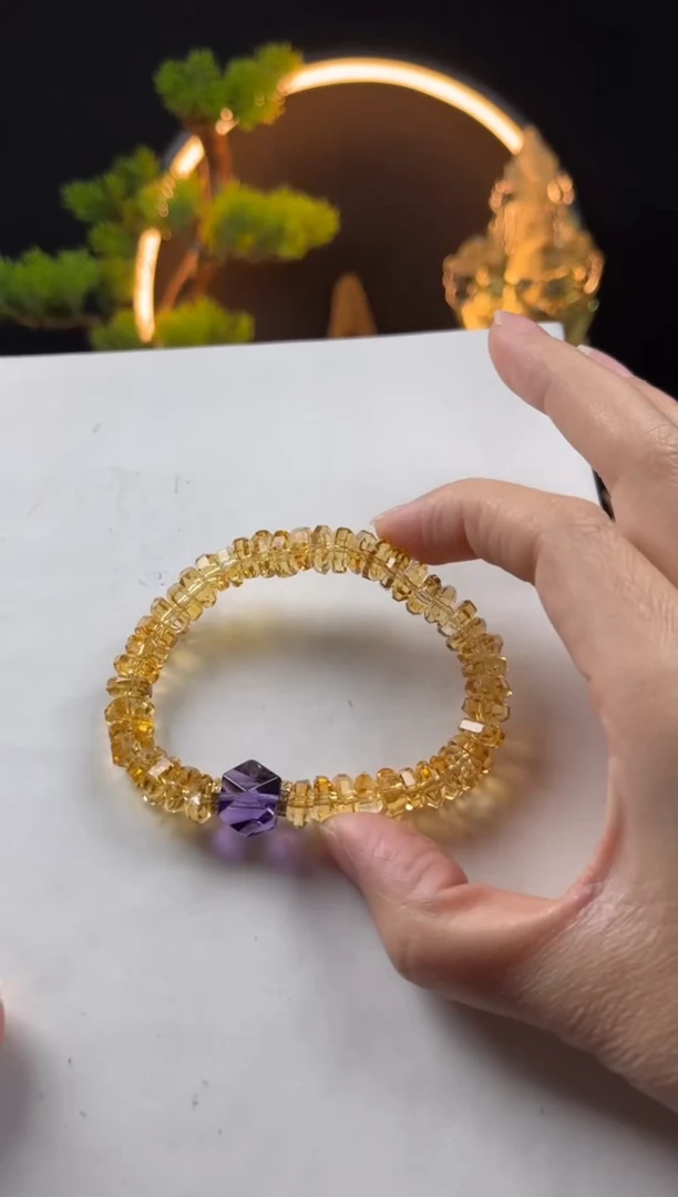 【闪购商品】水晶手链未镶嵌天然黄水晶烟花切搭紫晶八角珠手串8mm