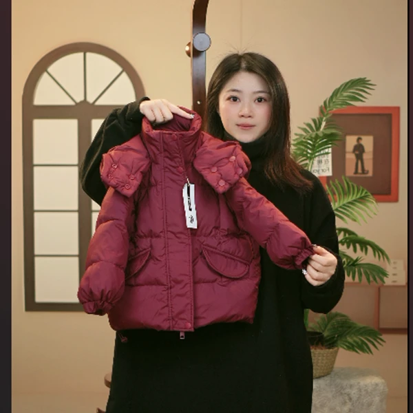 【W】紫金红男女童冬季加厚羽丝外套儿童中长款韩版连帽安哥拉红