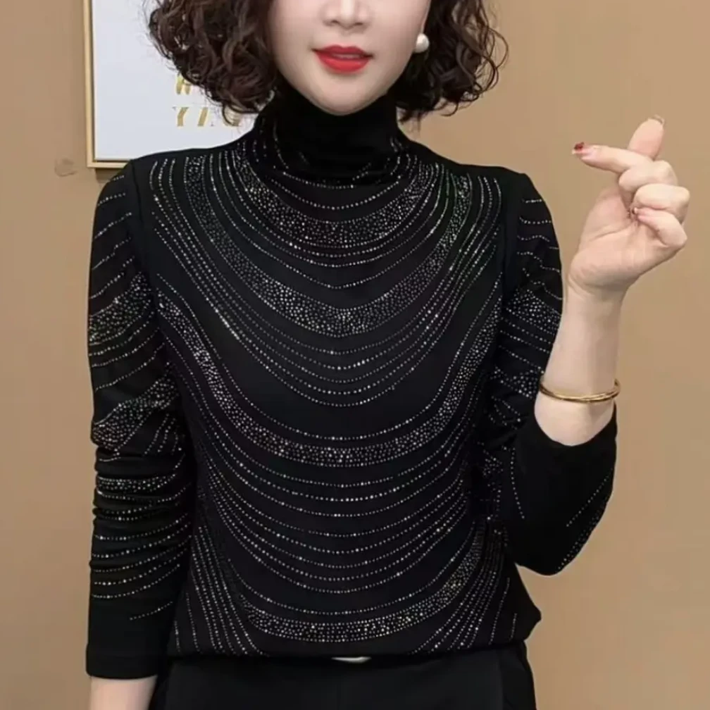 秋冬新款德绒重工烫钻半高领遮肚宽松长袖中年打底衫上衣女9123#