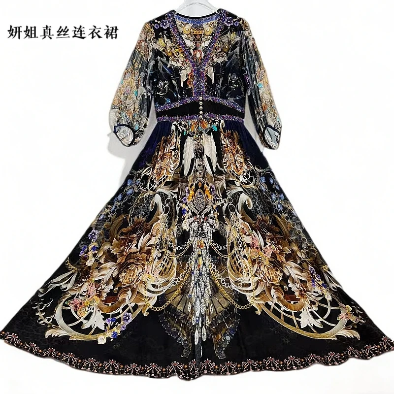 真丝连衣裙2025夏桑蚕丝长袖轻奢印花气质时尚优雅黑花色250375-5