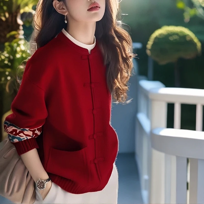 冬季高级感超好看慵懒风独特别致新中式国风红色针织衫毛衣外套女