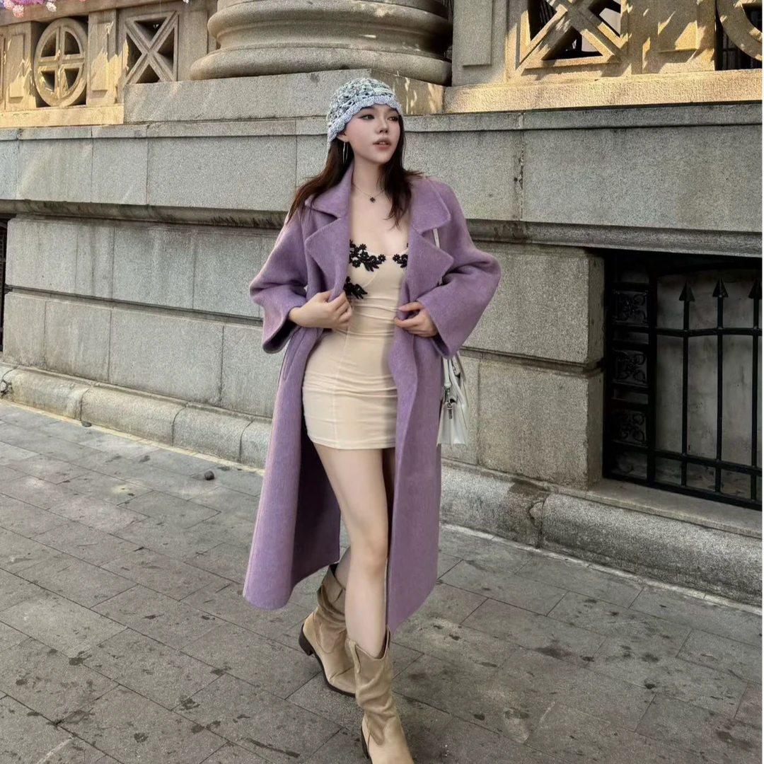 长袖显瘦常规毛呢外套长款秋冬荷叶袖宽松时尚紫色