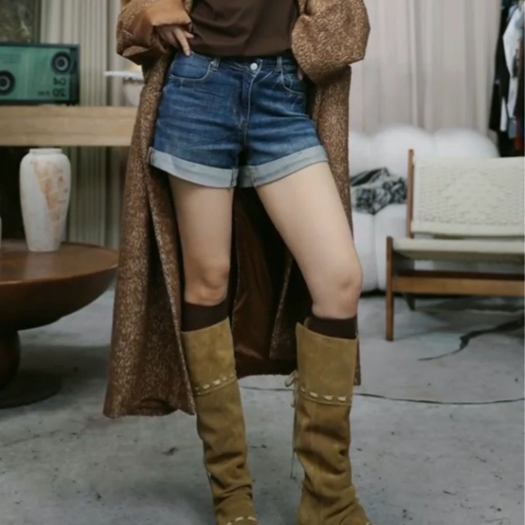 infobyfive2025秋冬新款卷边水洗蓝色牛仔短裤一店NF0509401