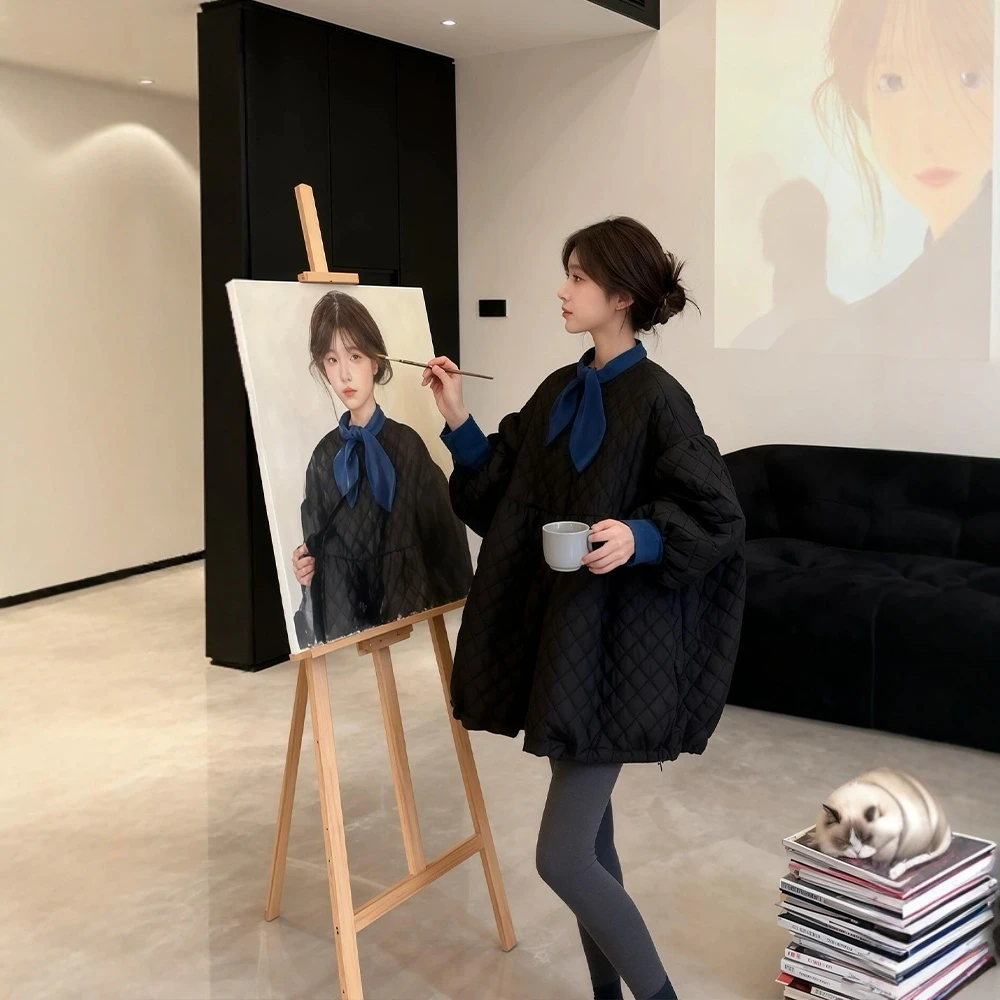 2026超火冬装一整套韩系穿搭高级感菱形格棉服外套蝴蝶结衬衫套装