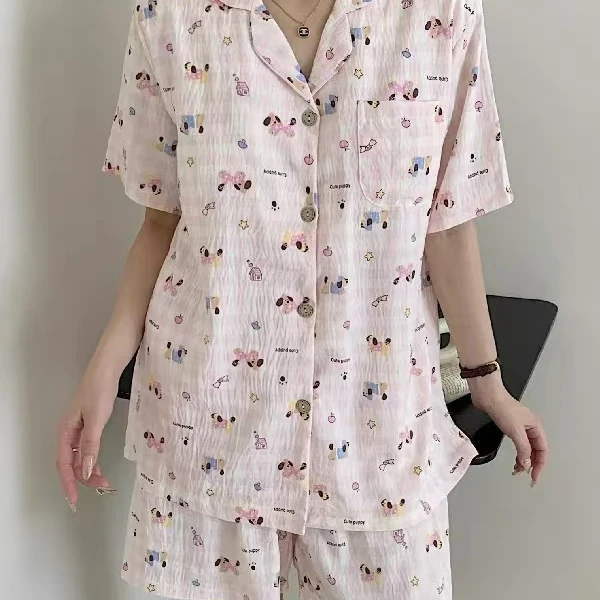 短袖夏季短裤睡衣纱布家居服套装女士宽松家居服粉色