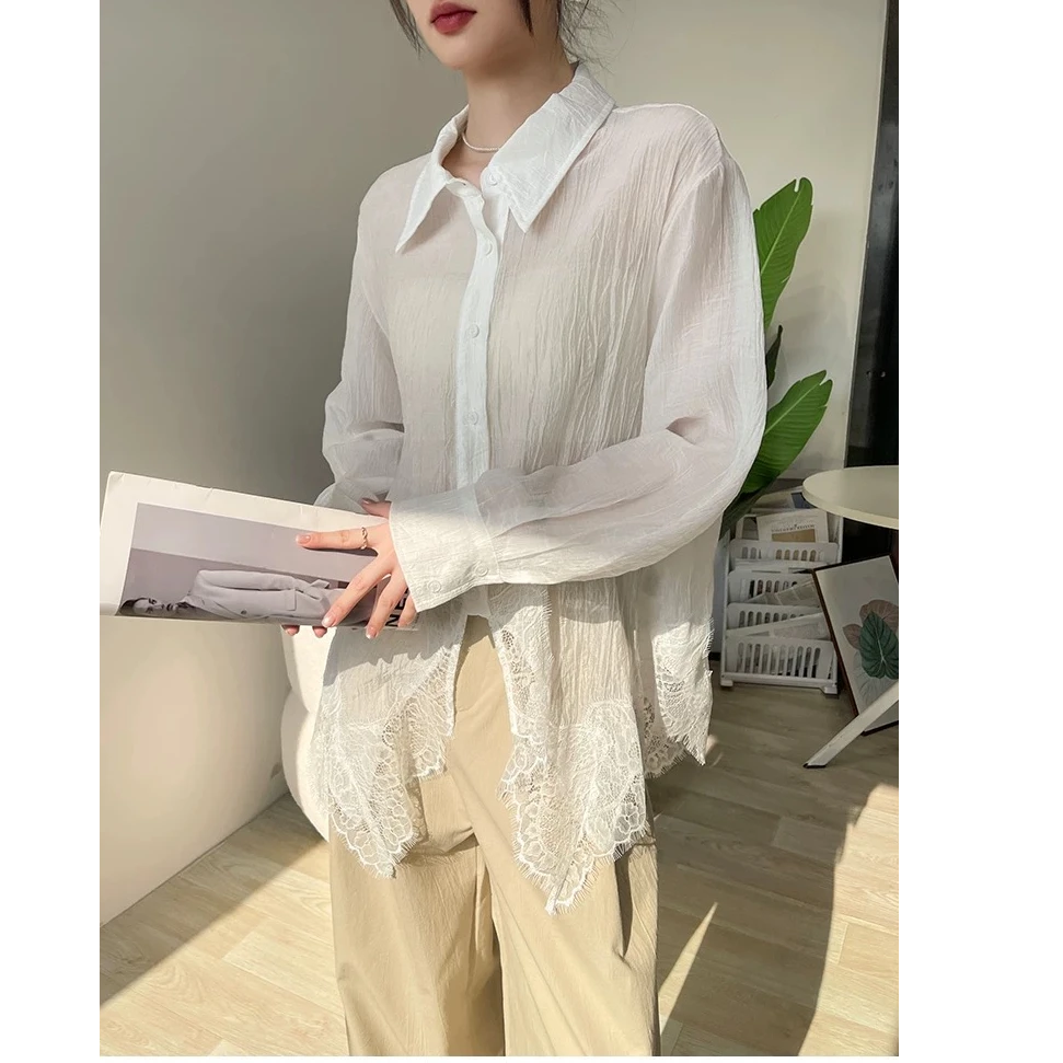 长袖蕾丝拼接薄款防晒轻熟风衬衫白色时尚空调衫洋气镂空外搭