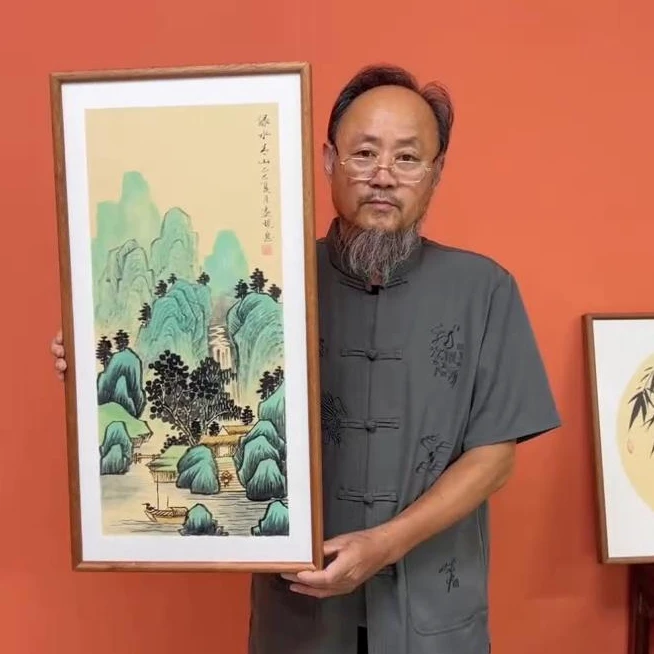 杨远现山水/青山绿水（乌檀木原木框）/古宣/36*69厘米左右