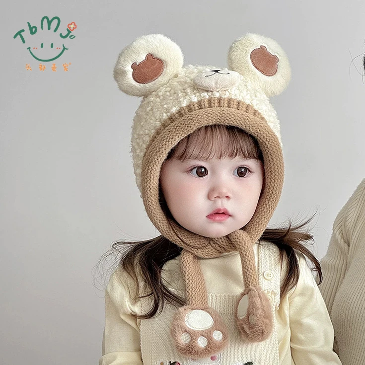 秋冬款男童帽子卡通可爱宝宝防风套头帽秋冬加厚保暖男女通毛线帽