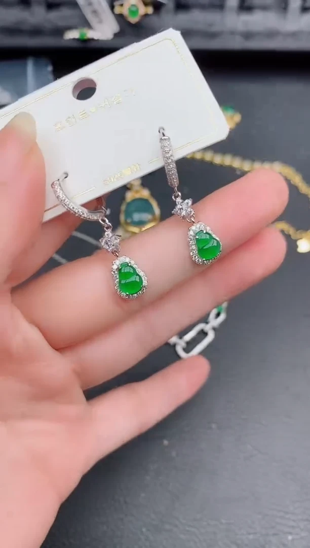 银S925镶嵌翡翠耳饰天然a货翡翠306