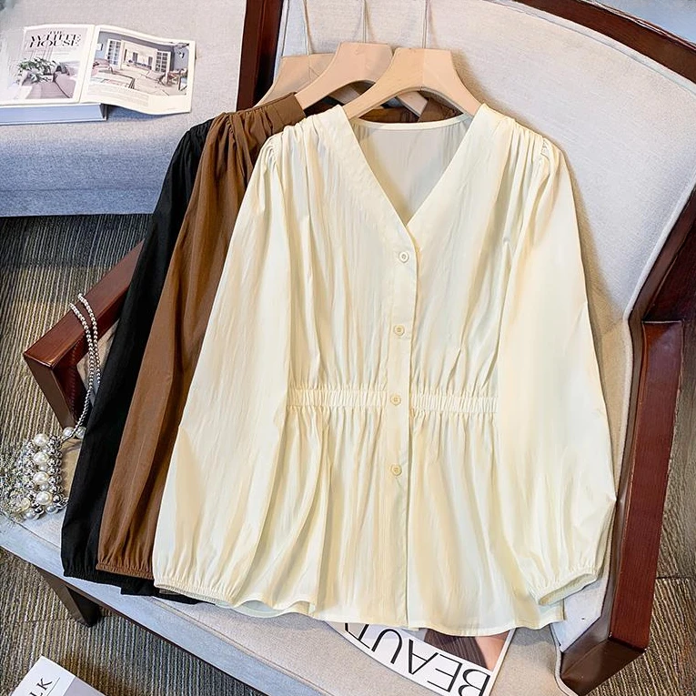 法式春夏衬衫V领收腰衬衣女秋季大码女装显瘦长袖宽松上衣女遮肚