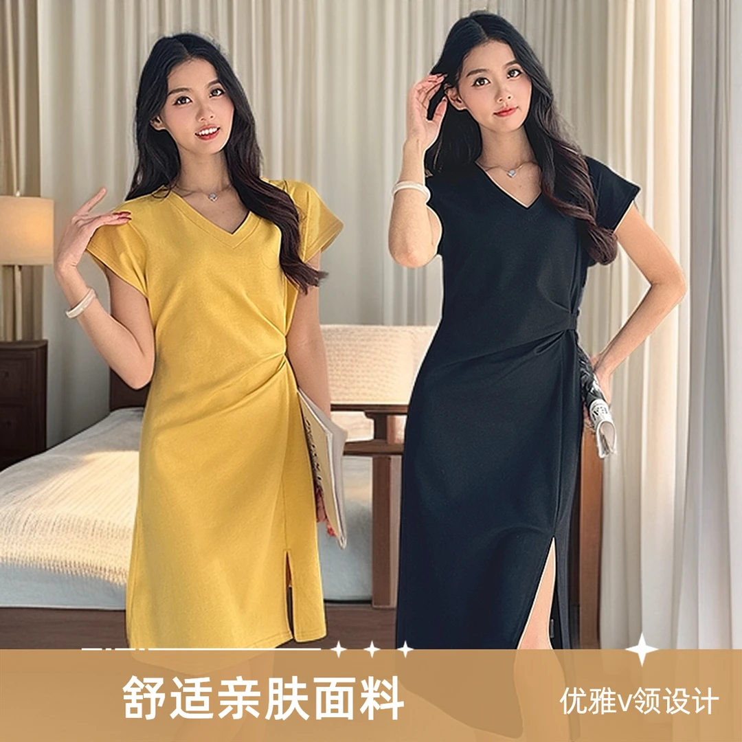 小个子连衣裙女法式休闲V领2025新款显瘦收腰裙子气质遮肉A字长裙