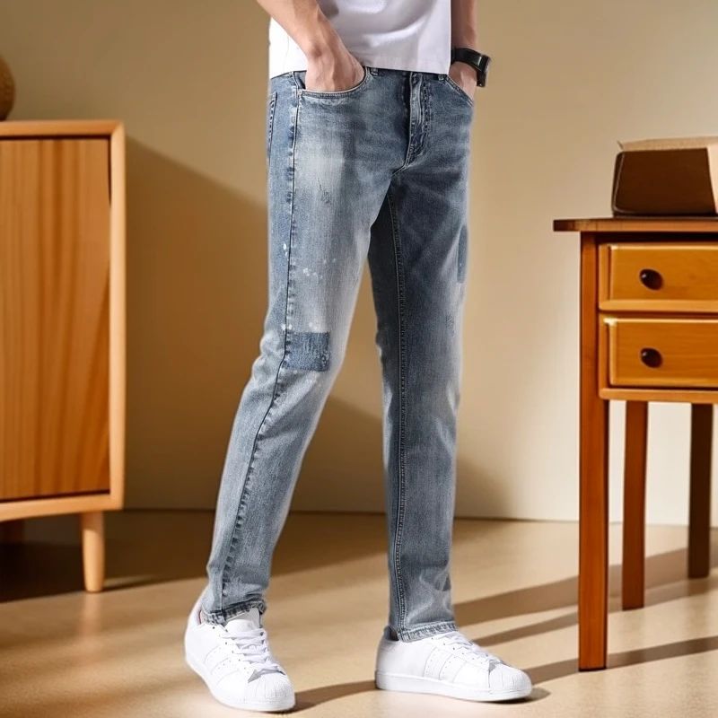 维斯克纳牛仔裤男士时尚修身直筒复古怀旧男装春夏新品浅色长裤子