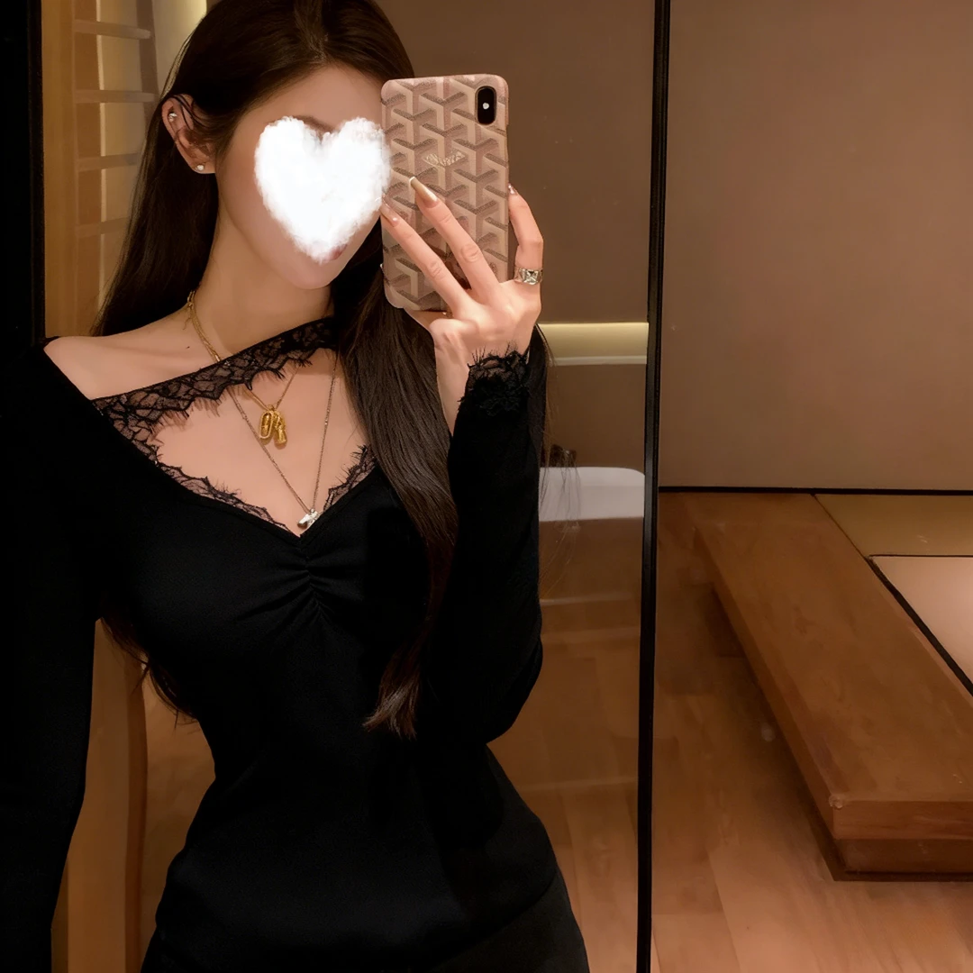 纯欲V领性感拼接蕾丝花边长袖秋冬气质优雅性感修身长袖上衣T恤