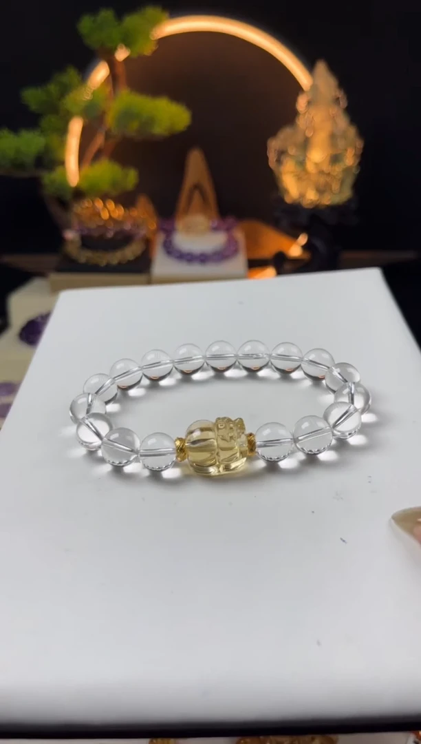 水晶手链未镶嵌绿**荫天然白水晶圆珠搭貔貅手串