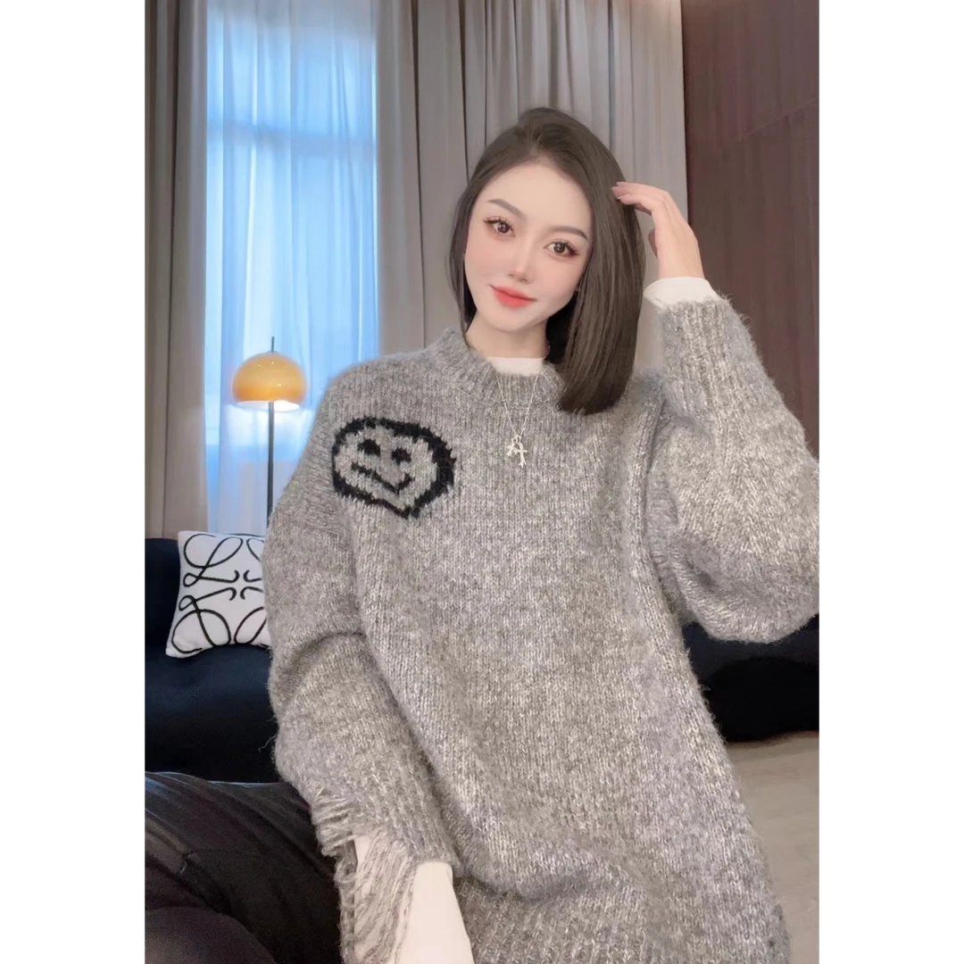 笑脸纯色宽松型针织毛针织衫女装时尚慵懒风网红