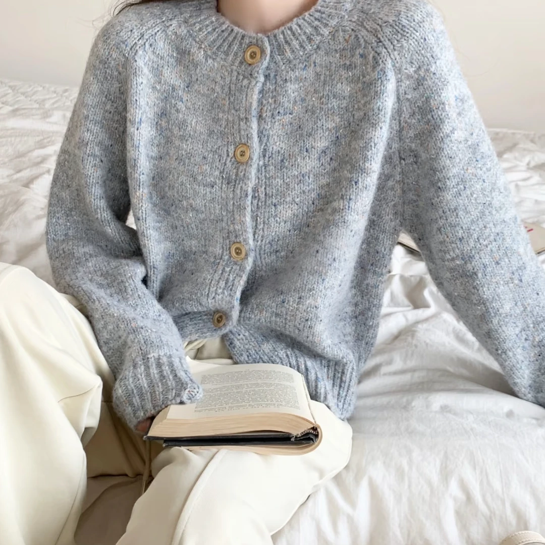 短款女开衫款休闲风薄款毛针织衫毛衣圆领宽松针织衫韩版加厚