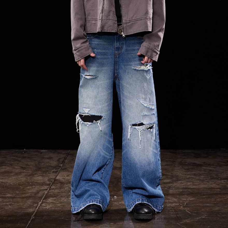 Rabel skin「五官」14盎司重工水洗蓝刀割破坏糜烂补丁宽松牛仔裤